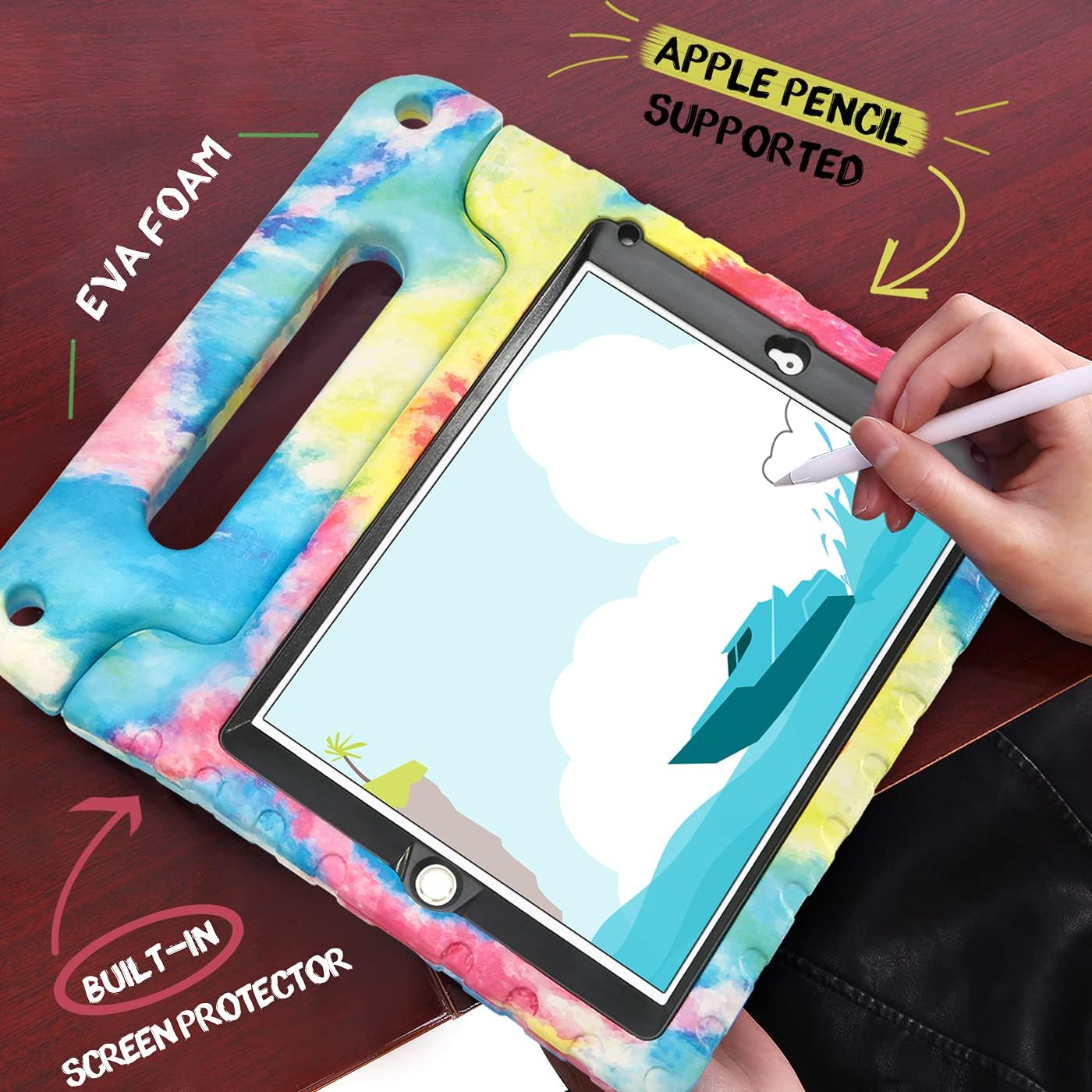 HDE Case for iPad 9.7-inch 2018/2017 Kids Shockproof Bumper Hard Cover Handle Stand with Built in Screen Protector for New Apple Education iPad 9.7 Inch (6th Gen) / 5th Generation iPad 9.7 Tie Dye