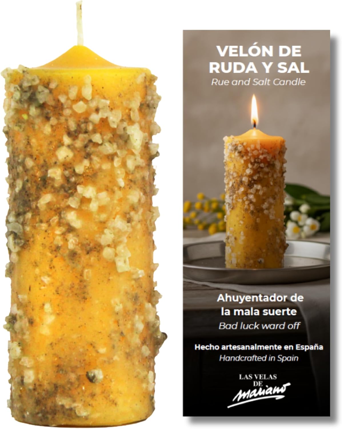 Velón Herbóreo Ruda y Sal – Vela Amarilla con Hierbas Naturales para Limpieza y Protección Energética