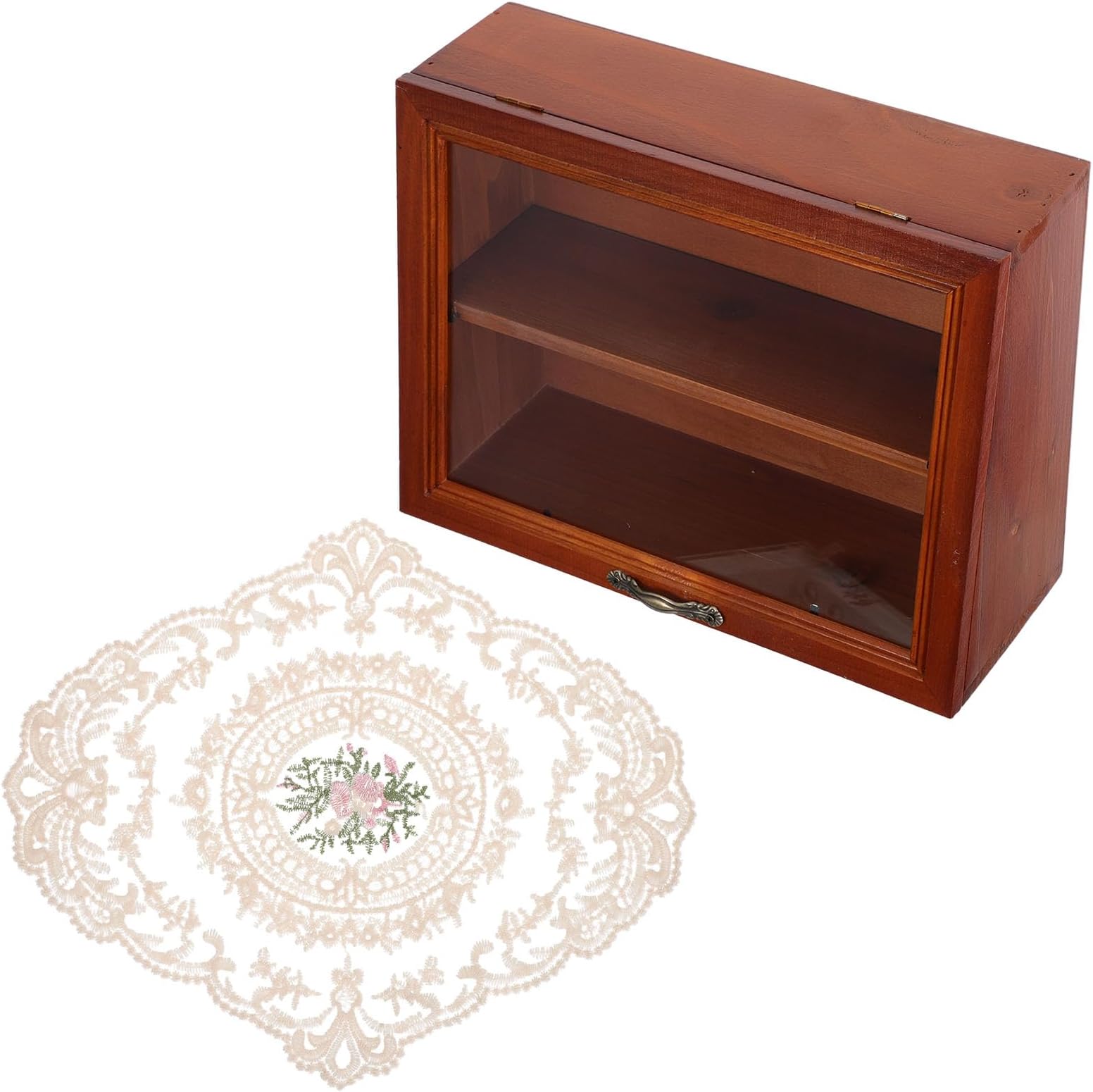 Mini Display Cabinet and Makeup Organizer with Dustproof Cover, Small Wooden Desk Storage Box with Lace Table Mat, Multi-functional Office Desk Organizer for Cosmetics