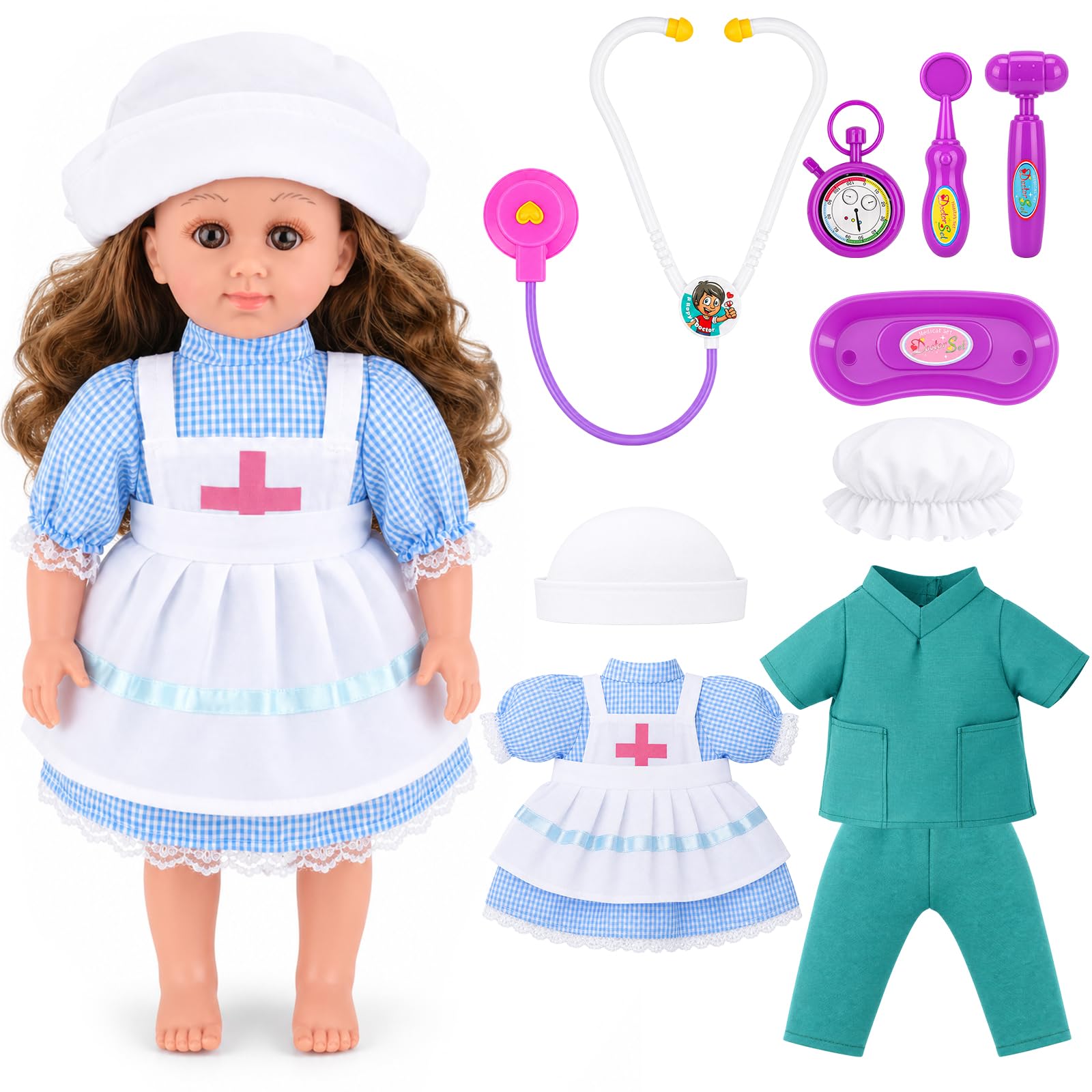 deAO Nurse Doll Playset with 2 Outfits & Medical Accessories for Kids 3+