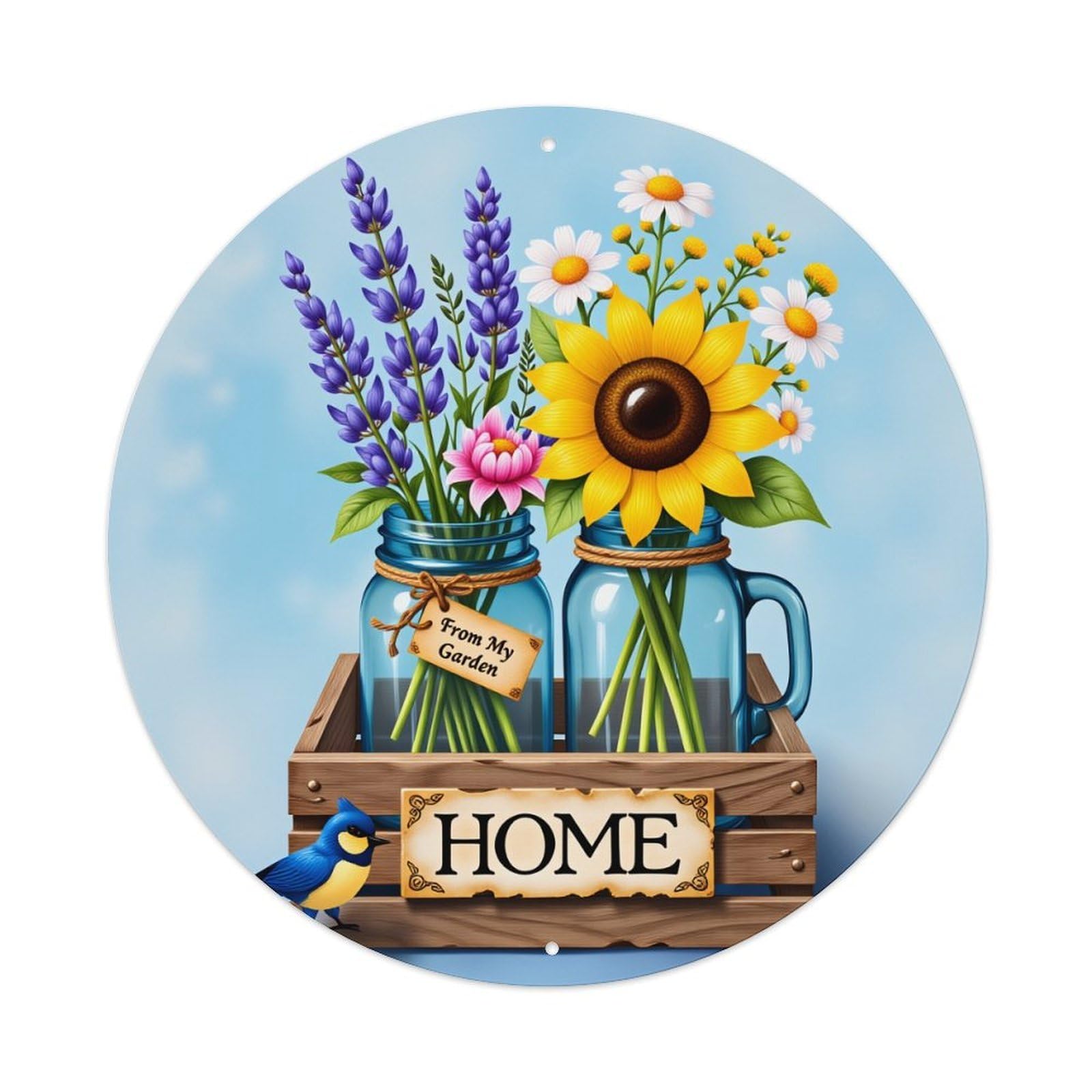 Home Garden Flowers In Jars With Bird Round Vintage Tin Sign,Retro Wall Art,Metal Poster for Home, Bar, Garage, Cafe, Rustic Indoor & Outdoor Decor, 8x8 Inches