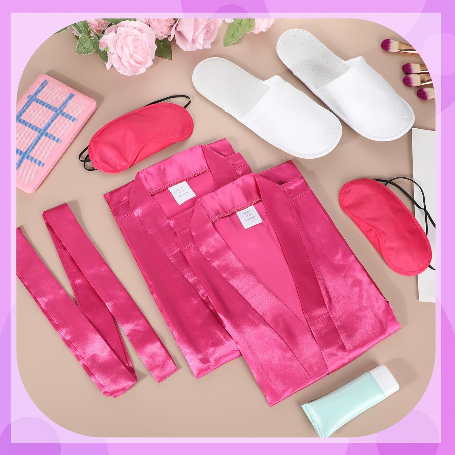 Ramede 54pcs Spa Robe Sleepover Party Supplies Satin Bridesmaids Robes Includes 18 Kimono Robe Rose 18 White Hotel Spa Slippers 18 Eye Mask for Women Princess Birthday Wedding Party - Image 5