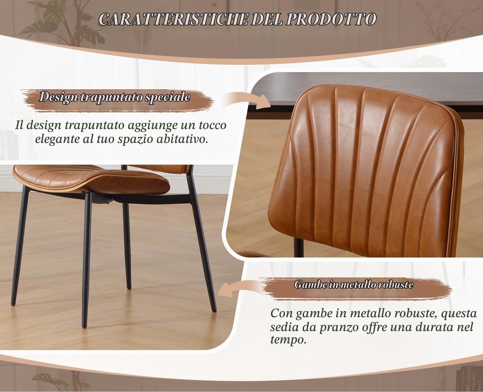 Ya-Home Sedie da Pranzo in Ecopelle Sedie da Cucina con Gambe in Metallo Poltrona Cucian Imbottite Moderne per Sala da Pranzo/Soggiorno/Salotto, Marrone