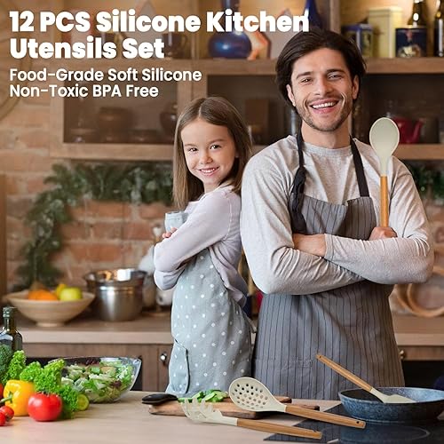 Miniatura 7 de Juego de utensilios de cocina  Utensilios de cocina de silicona 12 piezas para cocinar, espátula, volteador, cuchara, cepillo, útiles ollas y