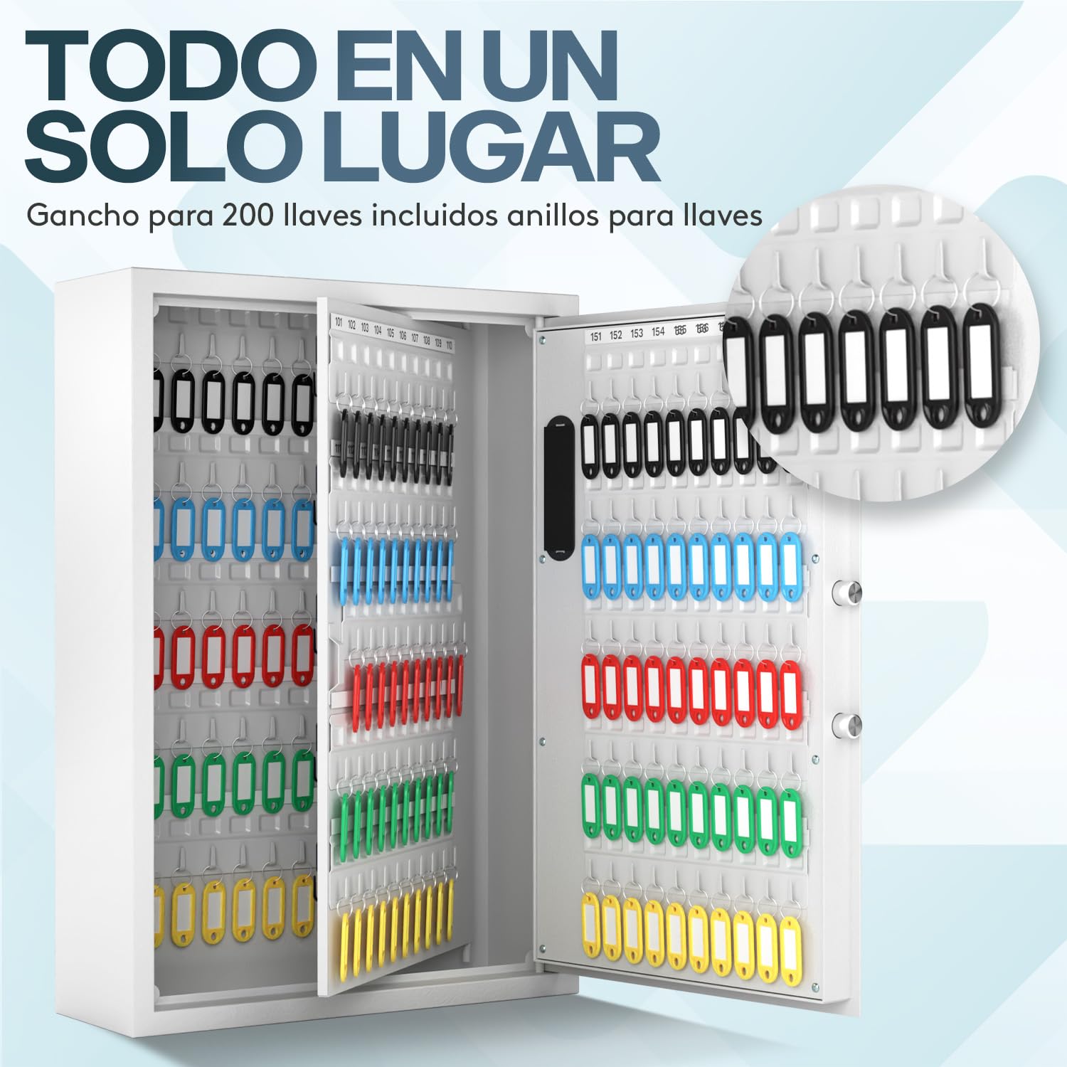 Acropaq Caja Llaves Pared - para hasta 200 Llaves, 200 llaveros incluidos, Armario Llaves Pared para Guardar Llave, Blanco - Armario con Llave