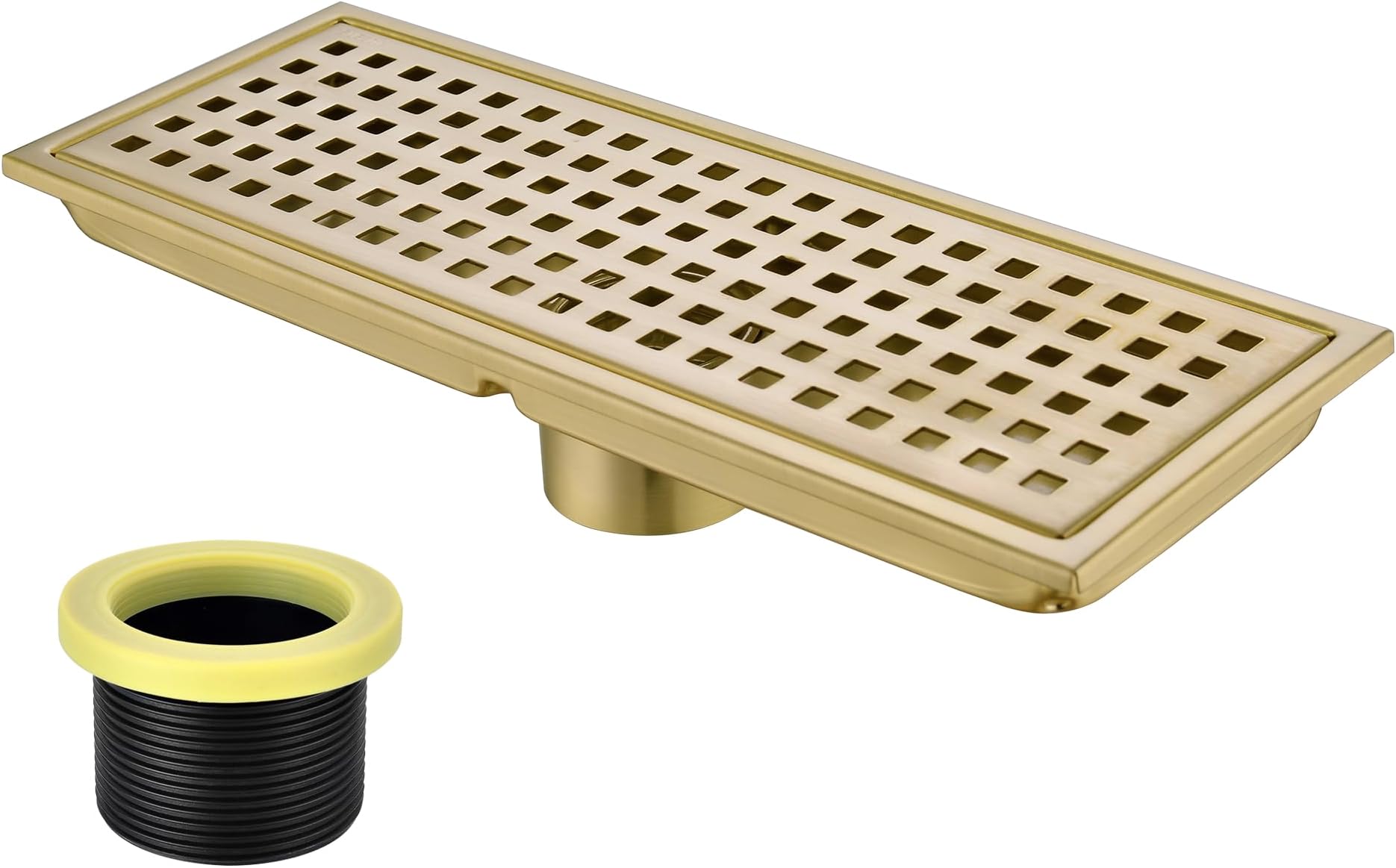 12 inch Stainless Steel Linear Shower Floor Drain with Threaded Adapter, Removable Cover Grid Grate, Brushed Gold Finished