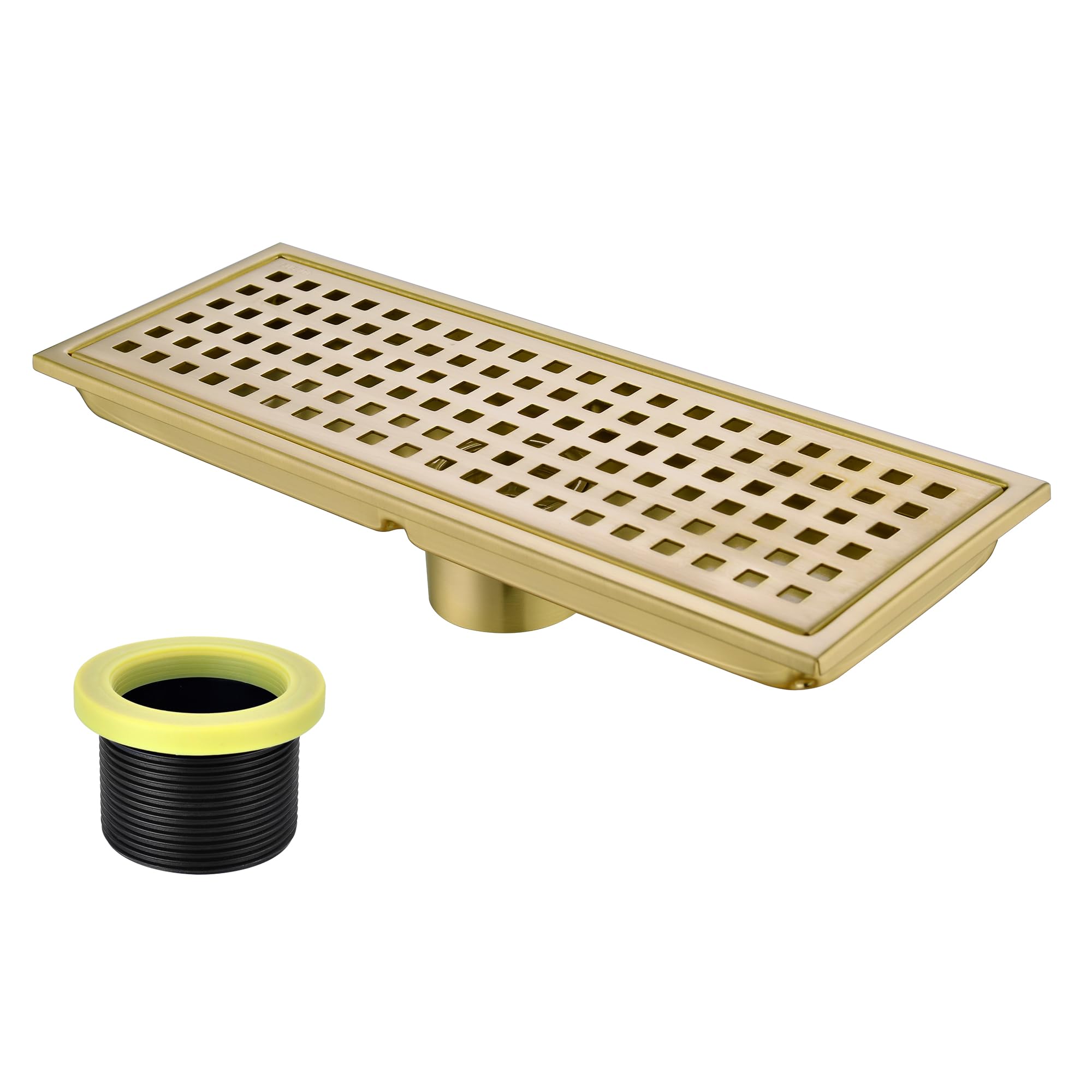 Orhemus Linear Shower Floor Drain with Removable Cover Grid Grate 12 inch Long Rectangle, SUS 304 Stainless Steel Brushed Gold Brass Finished