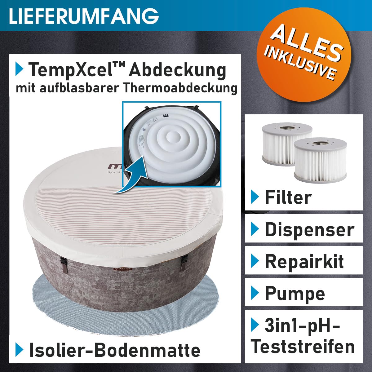BRAST Whirlpool MSpa Cocoon für 6 Personen mit Schaumstruktur | Ø180x65cm | 130 Massagedüsen in 3 Intensitäten | In- Outdoor Pool | Ganzjähriger Einsatz Winterfest | einfache Steuerung per App