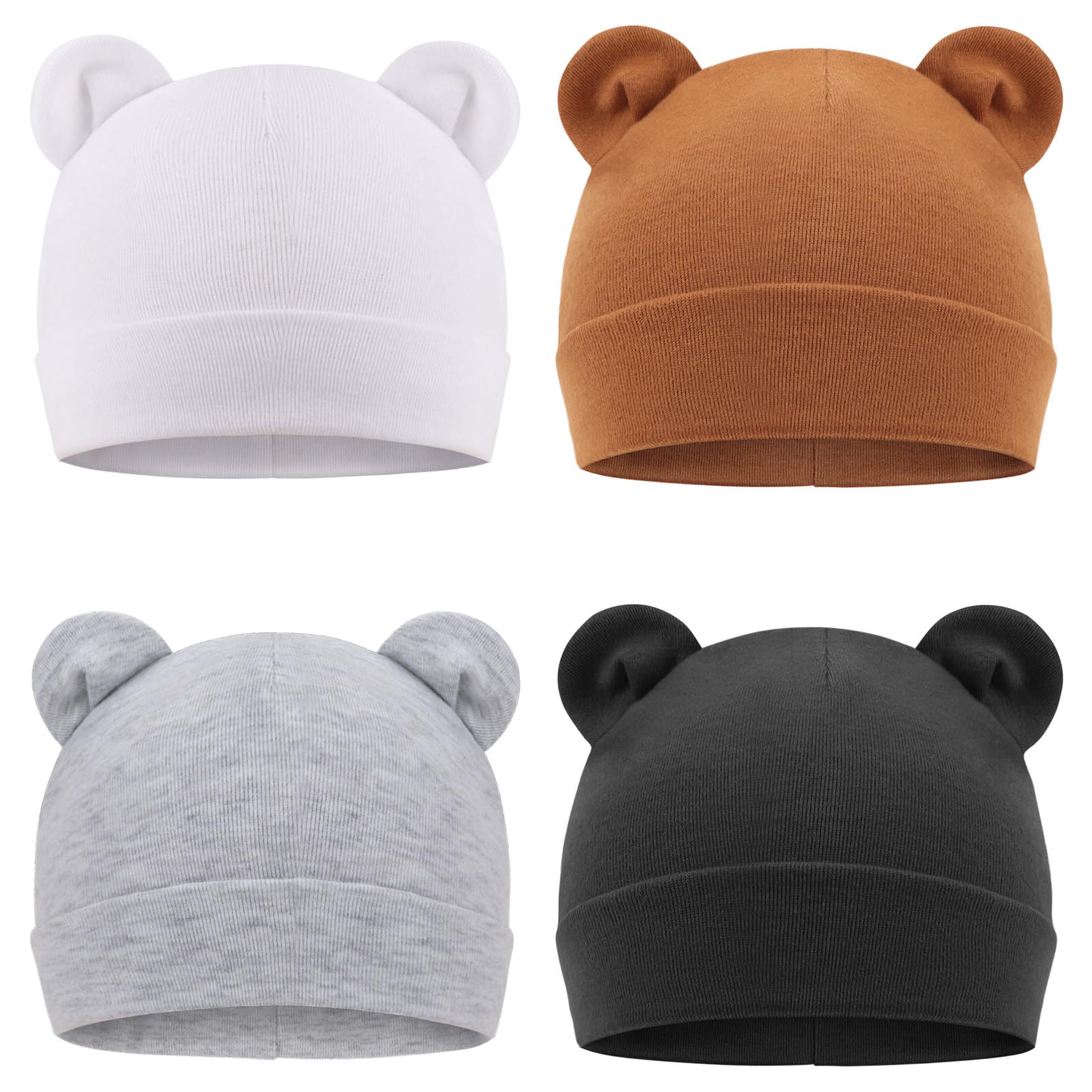 DRESHOW BQUBO 4 Pieces Baby Beanie Newborn Toddler Soft Cute Knit Hat Hospital Hats for Baby Boys Bear Ears Infant Beanie for 0-6 Months