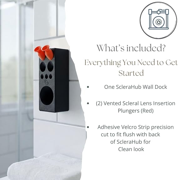 ScleraHub Contact Lens Organizer Wall Mount Scleral Lens Plunger Holder & Eye Drop Storage Dock with Adhesive Mount, Includes 2 Vented Insertion Tools for Bathroom Eye Care