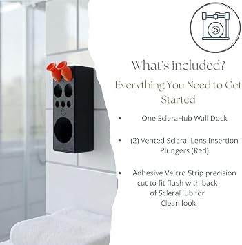 ScleraHub Contact Lens Organizer Wall Mount Scleral Lens Plunger Holder & Eye Drop Storage Dock with Adhesive Mount, Includes 2 Vented Insertion Tools for Bathroom Eye Care