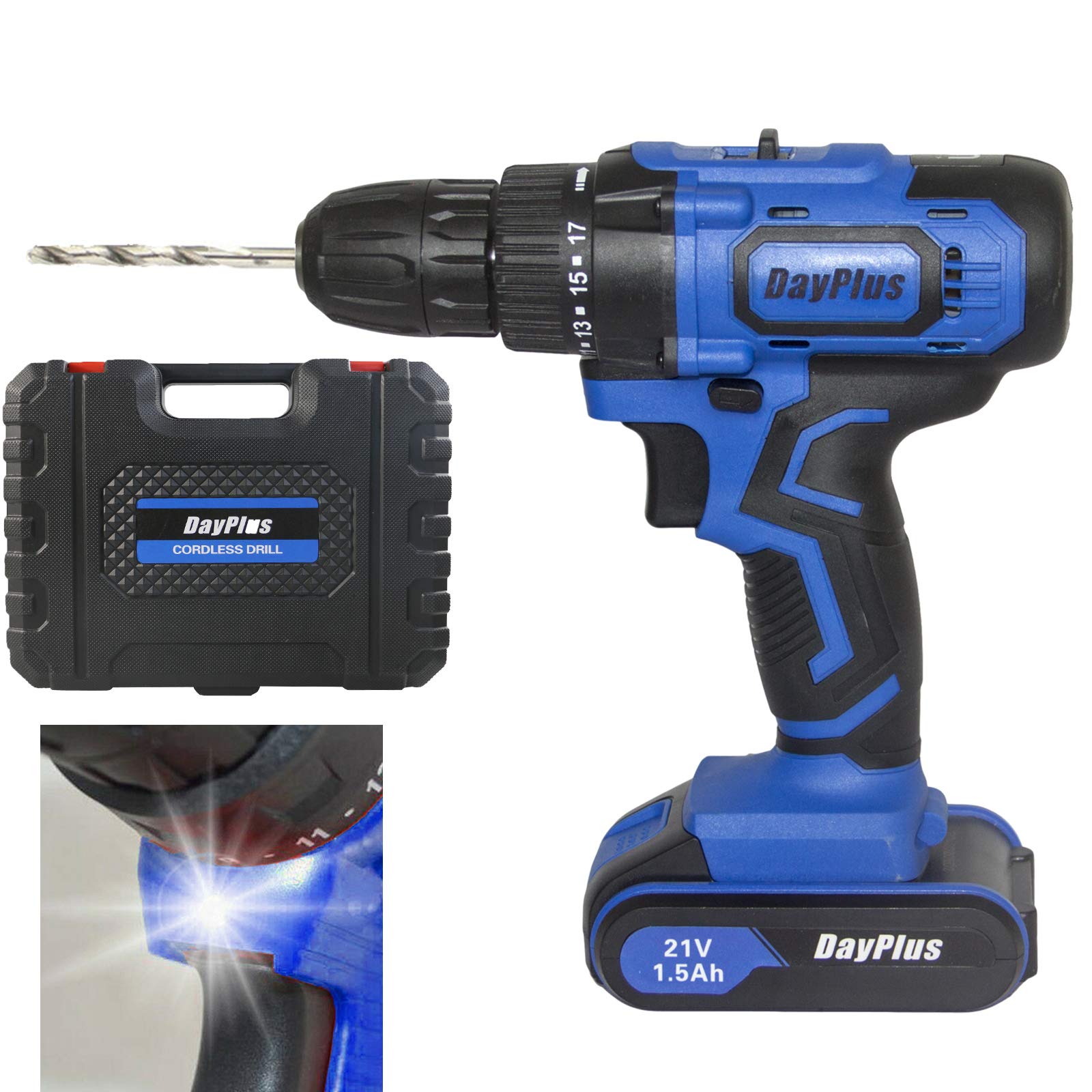 Cordless Drill with Battery and Charger, 21V Electric Drill Screwdriver Set 29PCS Accessories Variable Speed 1500mAh with LED Work Light 2-Speed Trigger 45Nm Max Torque with Carry Case