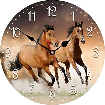 VIKMARI 14in Western Horse Wooden Wall Clock, Decor for Home Bedroom Room | Silent Non Ticking Running Horse Pattern Round Kitchen Classroom/School Wall Clock Quality Quartz Battery Operated