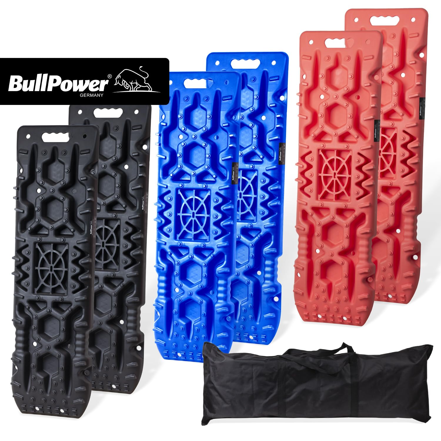 BullPower Offroad-Sandbleche Kunststoff-Anfahrhilfen Schlamm Sand Schnee Recovery Board 10T Reifenleiter Traktionsmatte Gripmatte PKW LKW SUV Geländewagen 10.000 kg mit Aufbewahrungstasche (schwarz)