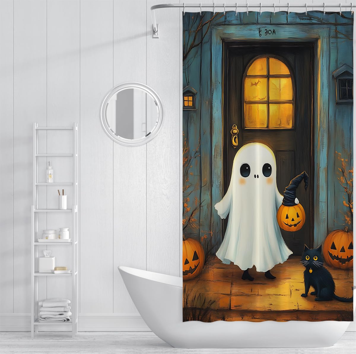 Zestaw zasłon prysznicowych z dyni Halloween duch Fall Farmhouse Zasłony prysznicowe Wodoodporne zasłony z tkaniny poliestrowej do łazienki z haczykami 150 x 200 cm