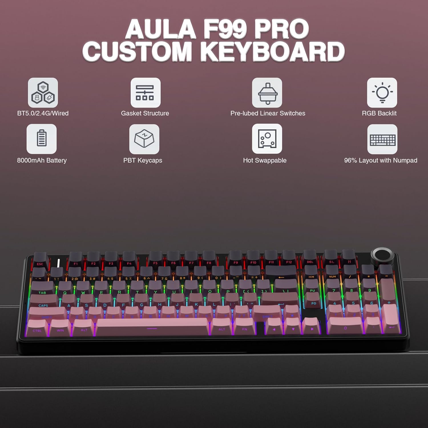 AULA F99 Pro Wireless Mechanical Keyboard with Knob,Tri-Mode BT5.0/USB-C/2.4GHz Hot Swappable Keyboard,Gasket Structure,Creamy Sound,RGB Backlit Computer Gaming Keyboards - Image 2