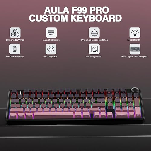 Miniatura 2 de AULA Teclado mecánico inalámbrico F99 Pro con perilla, Tri-Mode BT5.0USB-C2.4GHz Teclado intercambiable en caliente, estructura de junta, sonido