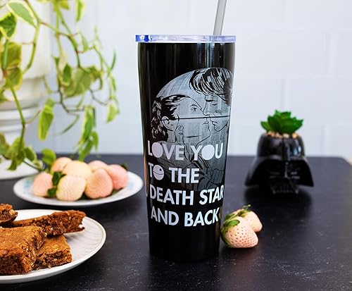 Miniatura 2 de Silver Buffalo Vaso de acero inoxidable de doble pared con pajilla, diseño de Star Wars Love You to the Death Star and Back, 22 onzas