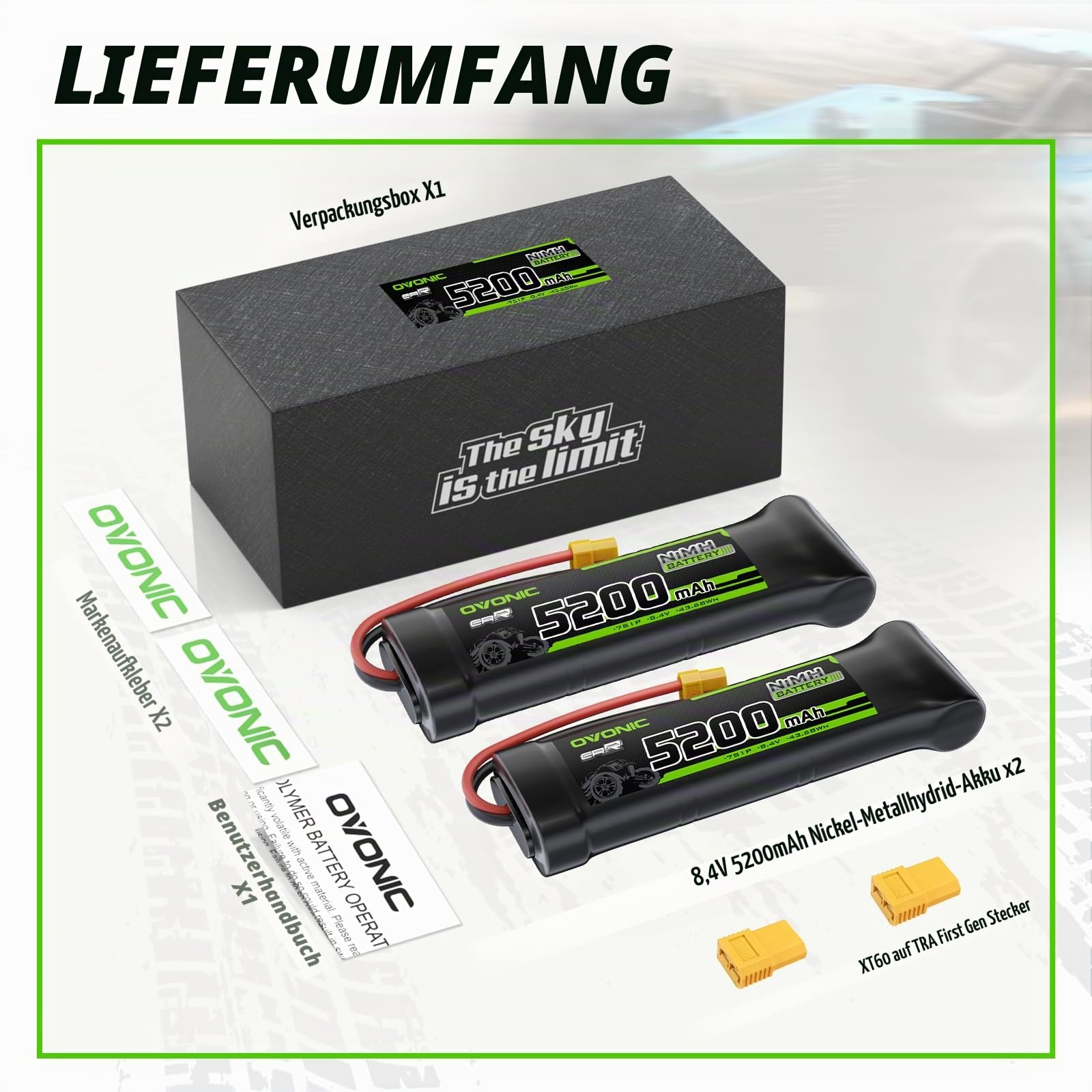 OVONIC 8,4 V NiMH RC Akku Flacher 5200mAh mit XT60- und TRA-Anschluss für RC Auto Truck Truggy（2packs