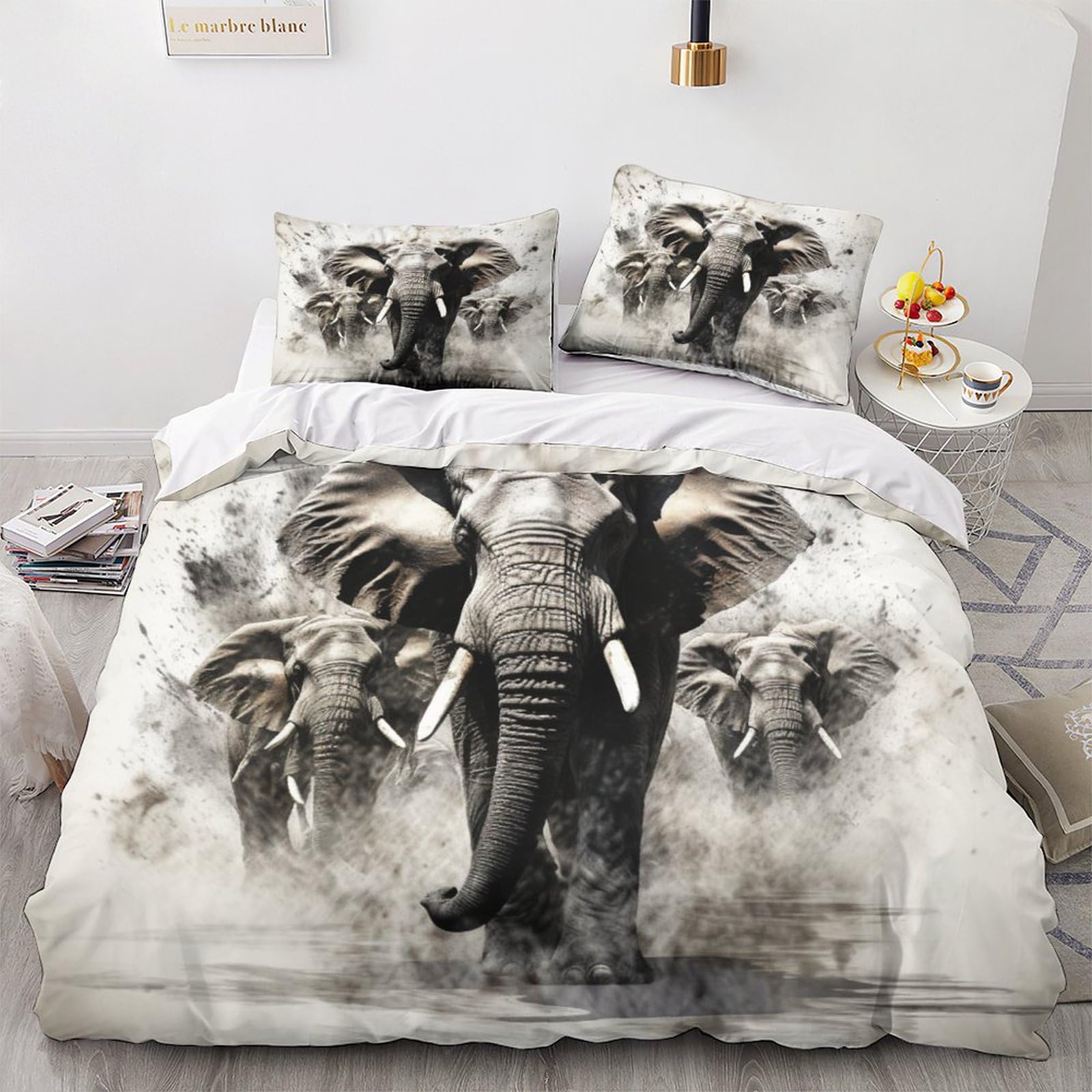 GEEYOU Elephant Washable Bedding Set Hidden Zipper Duvet Cover Set with Pillowcases African Elephant Quilt Cover Set Soft Microfiber Comforter Cover Various Sizes for Kids Adults King（220x240cm）