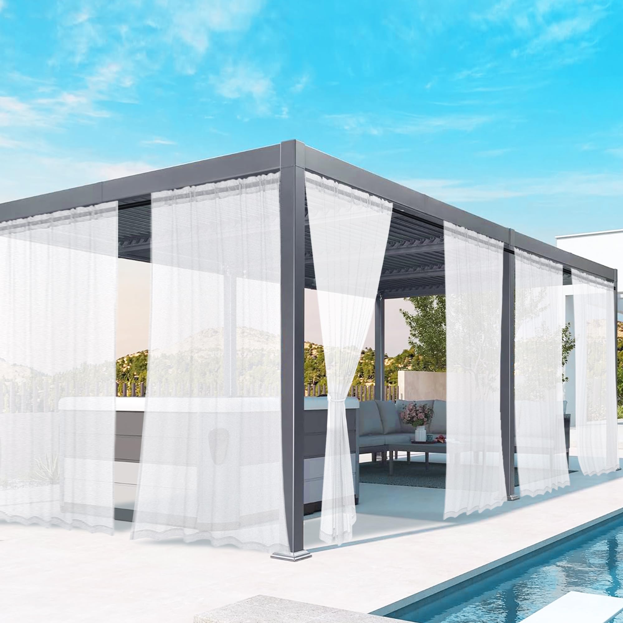 youleyar White Outdoor Sheer Curtains for Patio Waterproof - 6 Panels Linen Look Rod Pocket Curtain Light Filtering Outside Drapes for Living Room,