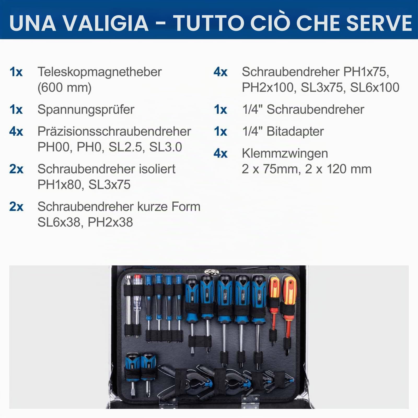 Scheppach TB200 Cassetta degli attrezzi in alluminio riempita, set di 141 pezzi | Cassetta degli attrezzi dotata di chiave a cricchetto, martello, pinza, cacciavite, cassetta degli attrezzi per