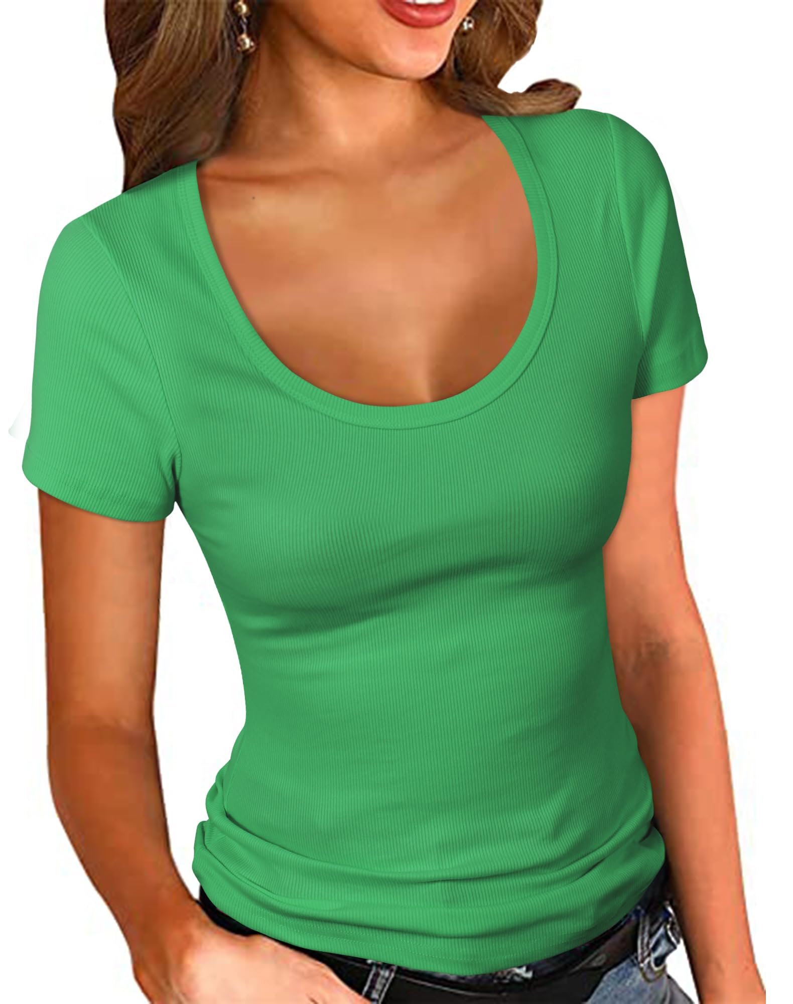 PALINDA Women's Scoop Neck Ribbed Fitted Shirt Basic Short Sleeves Summer T Shirt Tops