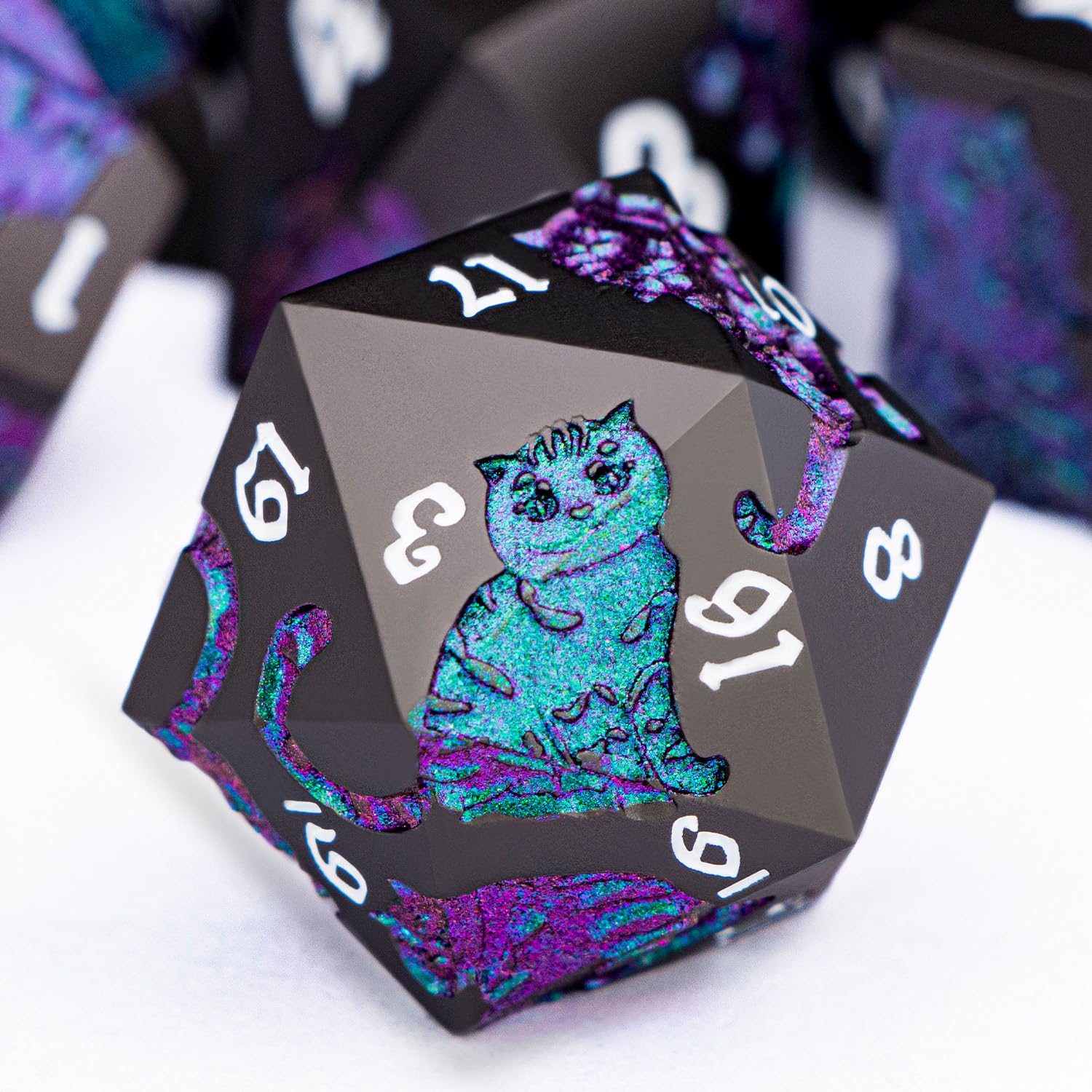 DND-Katzen-Würfel-Set aus Metall, polyedrisches RPG-Würfel-Set mit Geschenketui für Dungeons Dragons Rollenspiele, D- und D-Würfel D6, D8, D10, D12, D20, D%, Violett-Grün, 7-teilig