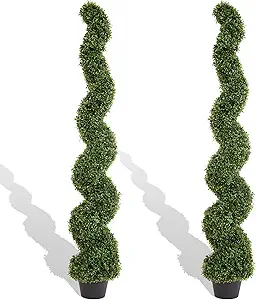 THE BLOOM TIMES 5ft Spiral Topiary Trees Artificial Outdoor Set of 2, Faux Boxwood Plants Outside - All-Year Green Fake Twisted Tree for Garden Front Porch Planter Decor 5 Foot