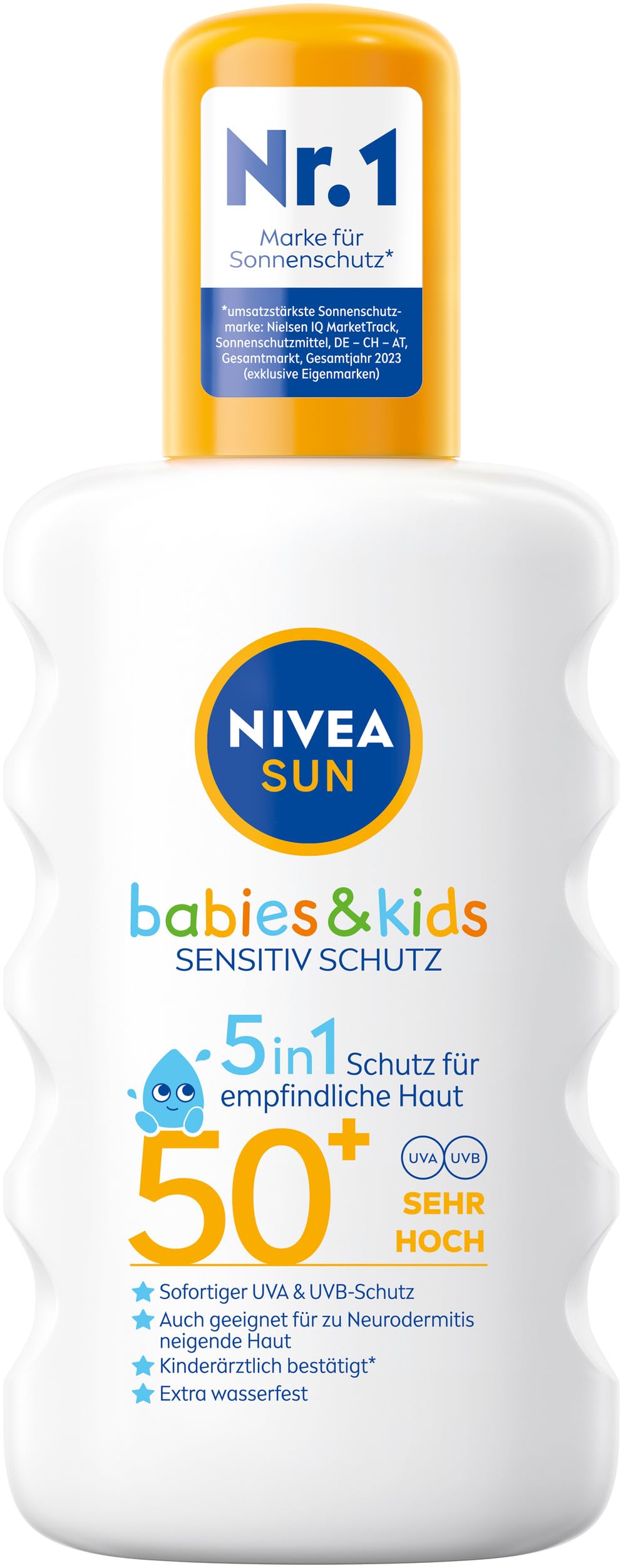 NIVEA SUN Babies & Kids Sensitiv Schutz Sonnenspray LSF 50+ (200 ml), extra wasserfestes Sonnencreme Spray für Kinder, Sonnenmilch als praktisches Spray ohne Parfum