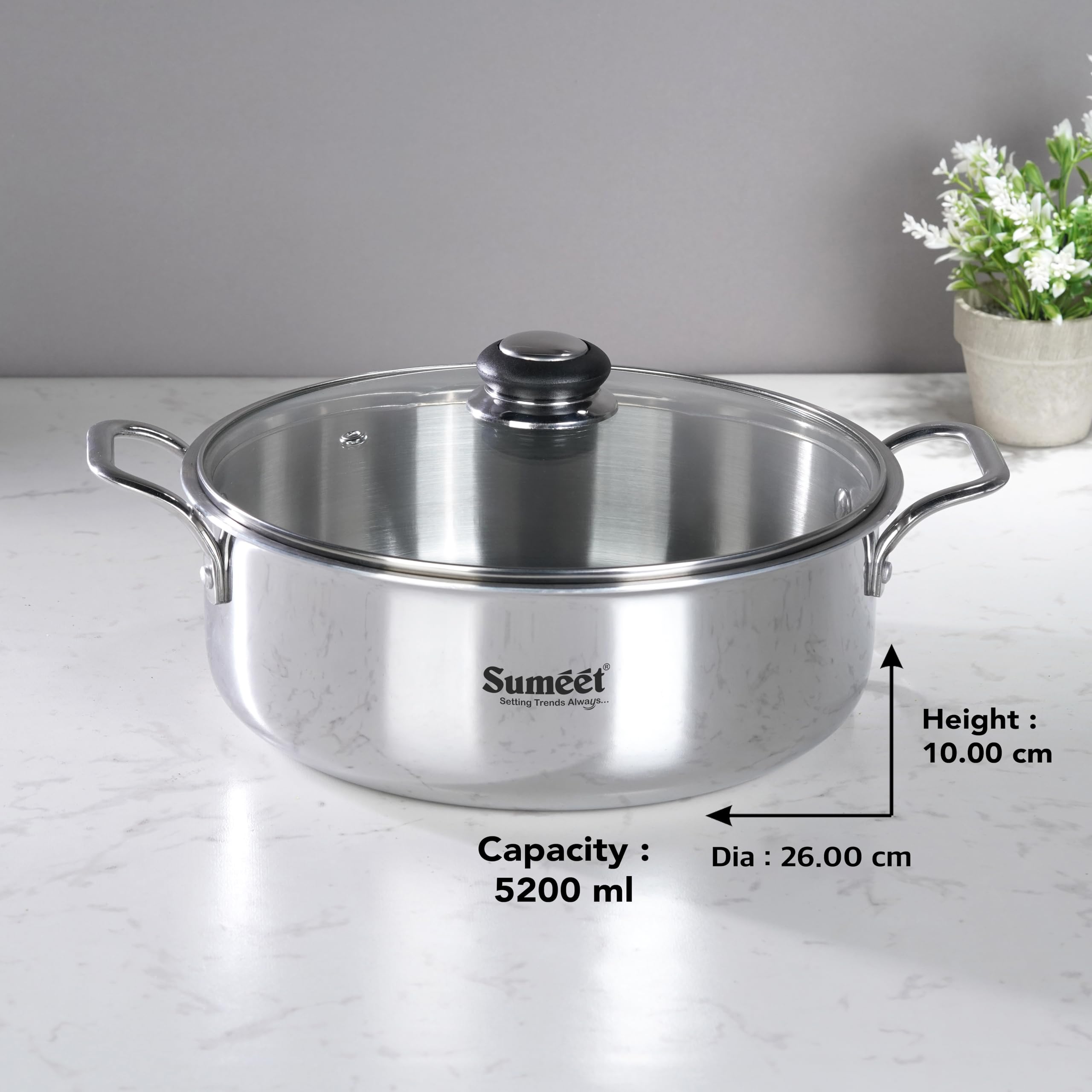 Sumeet Cook Smart TriPly Steel-Aluminium-Steel - 3 Layers Casserole/Biryani Pot/Stock Pot with Glass Lid- 5.2Ltr - 26Cm, Silver, Polished, 5.2 Liter 2