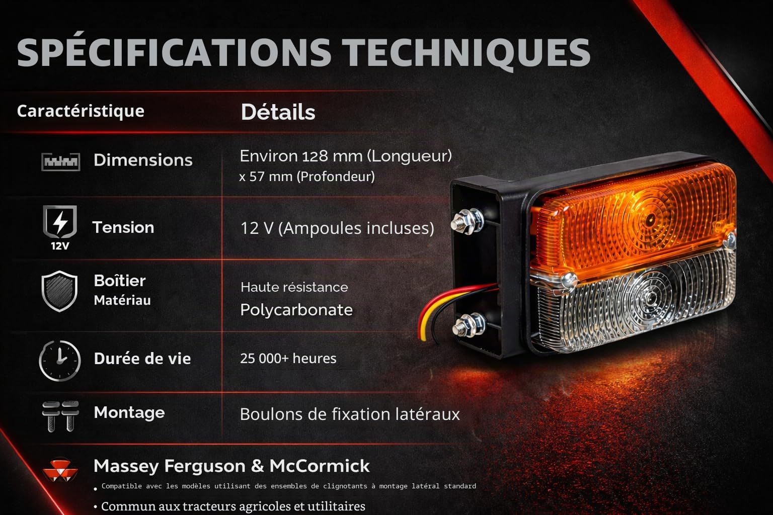 APSMOTIV Paire de clignotants, feu de position latéral avec ampoules 12 V, adapté pour Case IH | Tracteur Massey Ferguson | Tracteur McCormick