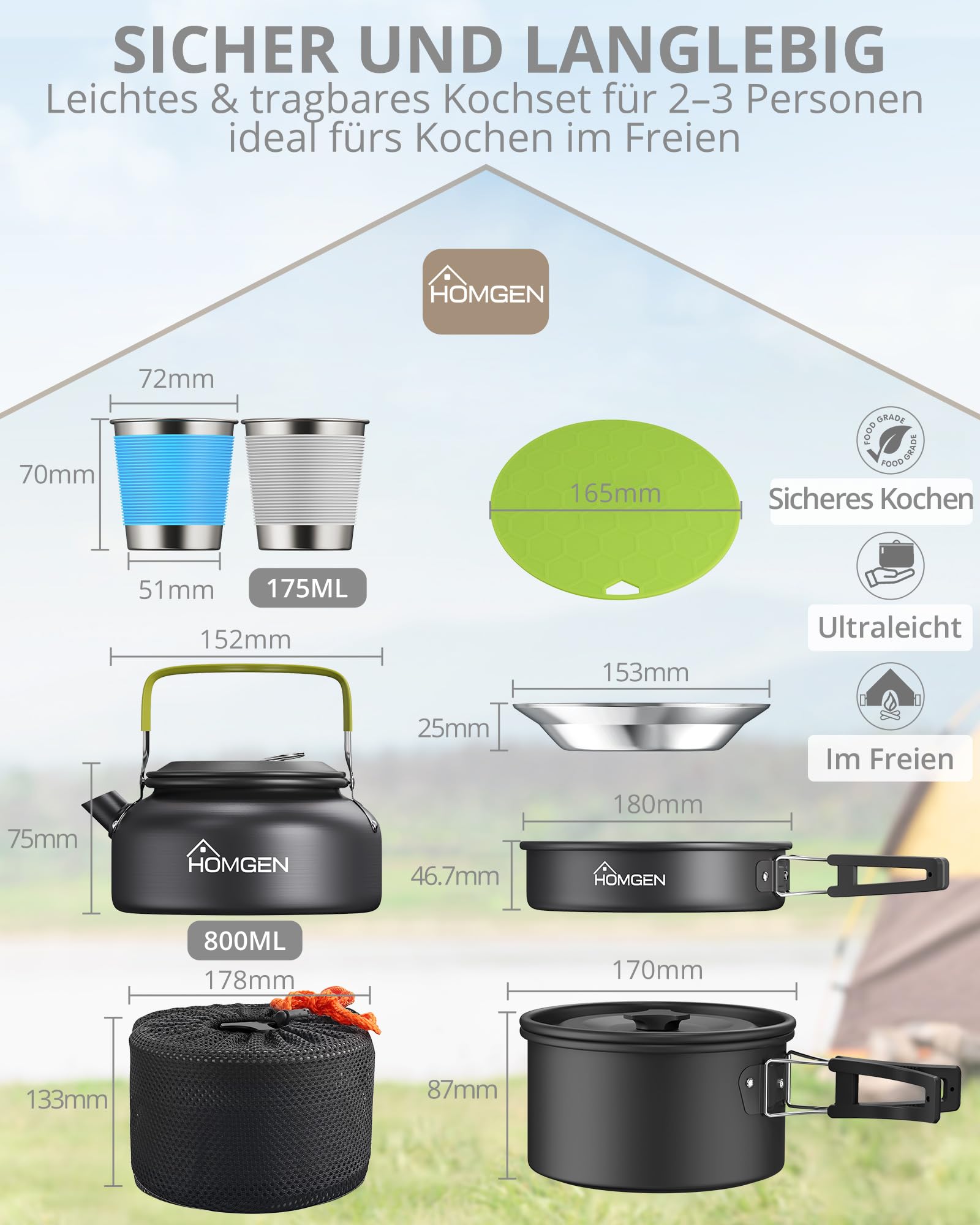 HOMGEN 21er Set Camping Kochset mit Mini Gaskocher, Ultraleichtes Outdoor Kochgeschirr Set für 1-2 Personen, Antihaft Camping Topf Pfanne Wasserkessel Geschirr Besteck für Camping Backpacking Picknick