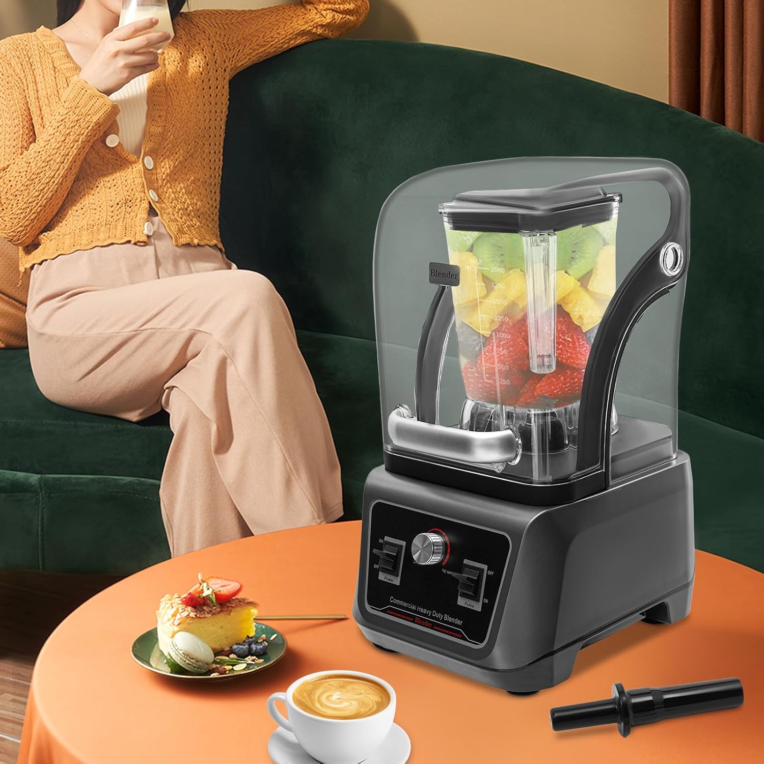 Commercial Blender, 2200W 23000RPM Multifunctional Blenders Stainless Steel Blenders Adjustable Speed Blender Large Capacity Blending Machine w/Soundproof Shield for Homes Restaurants Cafes