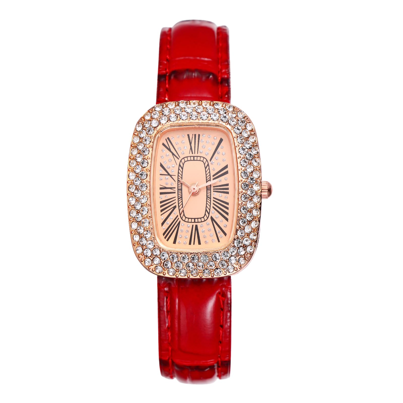 JewelryWe Uhren Damen Leder Rechteckig - Elegant Glitzer Strass Analog Quarz Armbanduhr Frauen Lässige Uhr mit Rechteckigem Römischen Ziffern Zifferblatt und Leder Armband