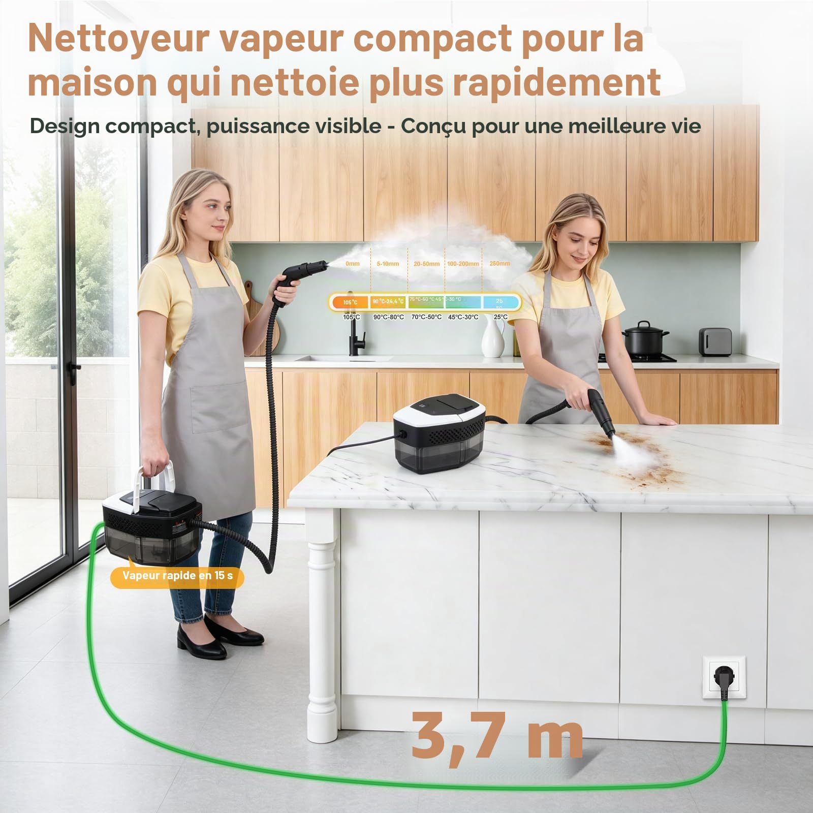 Nettoyeur Vapeur, Nettoyeur à Vapeur Portable 1500W Basse Pression, Chauffage Rapide 15s, Réservoir d’eau 1,8L, 12 Accessoires Inclus,Cuisine & Voiture, Blanc（Appuyez longuement sur 3s pour démarrer）