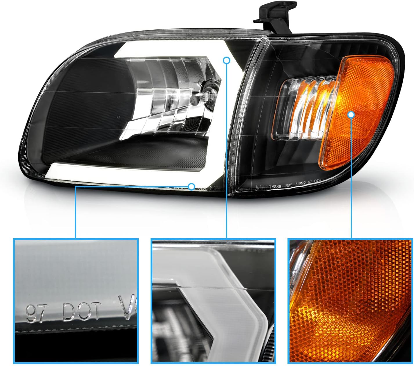 AmeriLite For 2000-2004 Toyota Tundra Regular | Access Cab C-Type Led, Halogen, Pickup Truck Tube Headlight Corner Lamp Set - Driver and Passenger Side, Vehicle Light Assembly, Black