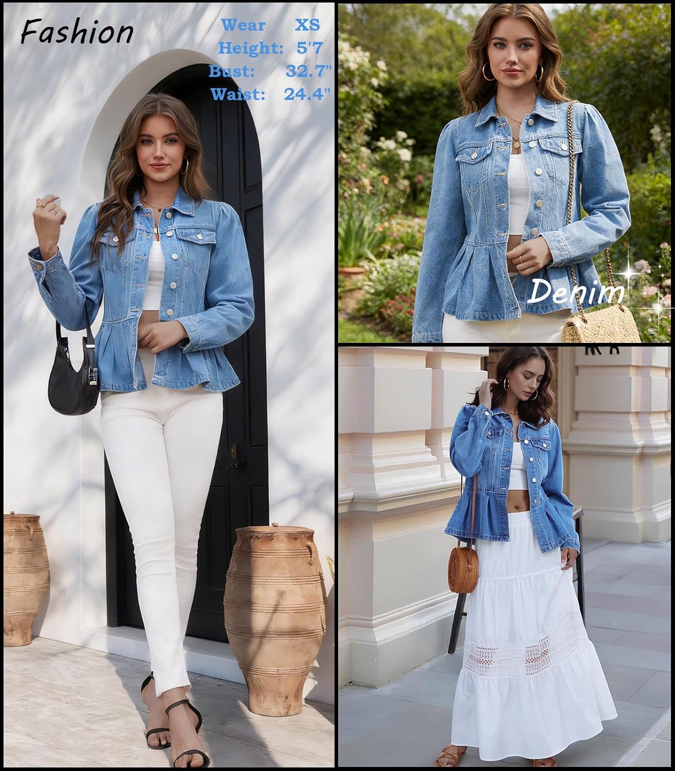 MISS MOLY Women's Denim Jacket Puff Sleeve Button Down Ruffle Hem Jean Jacket Coat