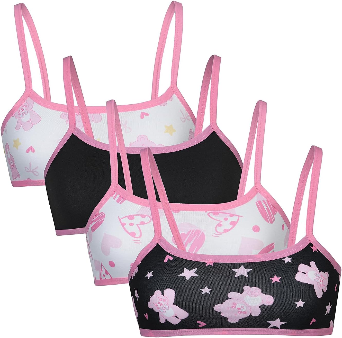 Girls Pack of 4 Bra Spaghetti Strap Assorted Graphic Print Cami Crop Brasfor Teens Kids, School Daycare Bulk Use