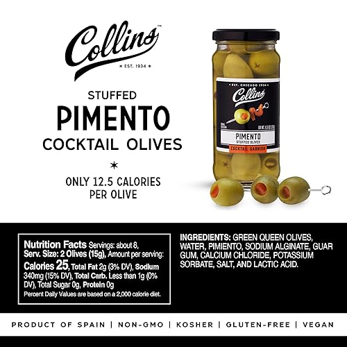 Miniatura 4 de Collins Gourmet - Aceitunas de pimiento  Guarnición prémium para cócteles, martinis sucios, ensaladas, bandejas de aperitivos, embutidos, platos de