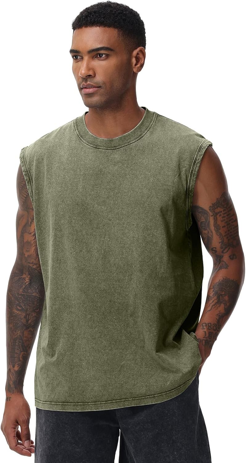 Mens Workout Tank Tops Sleeveless Tee Shirts Men Muscle Shirt Gym Acid Wash T Shirts Running Beach Loose Fit Tee - Image 3