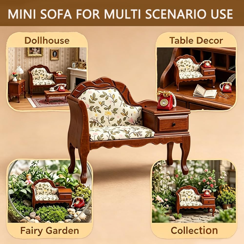 1 12 Scale Dollhouse Furniture Miniature Accessories Vintage Wooden Sofa with Drawer,1/6 Mini Victorian Bench Chair Lounge for Dollhouse Living Room Decoration