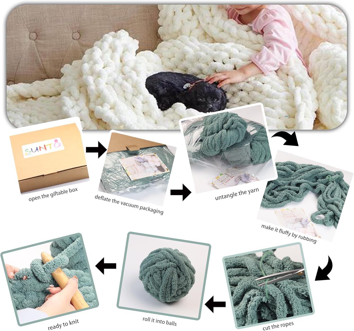 SUNTQ 8 Pack Chunky Chenille Yarn for Crocheting, Bulky Thick Fluffy Yarn for Hand Knitting Blanket, Soft Plush Knitting Yarn for Cushions, Pet Bed,Home Decor, Mint Green(32 yds,8.8 oz Each Skein)