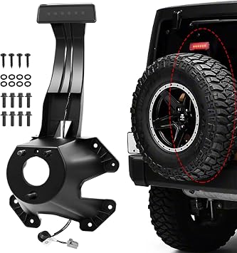 55397217AJ Spare Tire Holder Mounting Bracket with Screws Black | Third Center High Mount Brake Light with Wiring Harness Compatible with 2007-2018 Jeep Wrangler JK Replaces 68048581AA