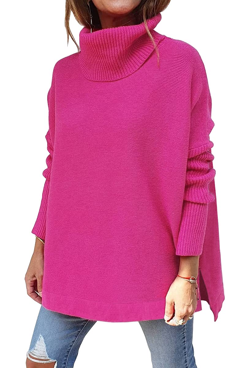 LILLUSORY Womens Turtleneck Oversized Sweaters Long Batwing Sleeve Spilt Hem Tunic Pullover Knit Tops