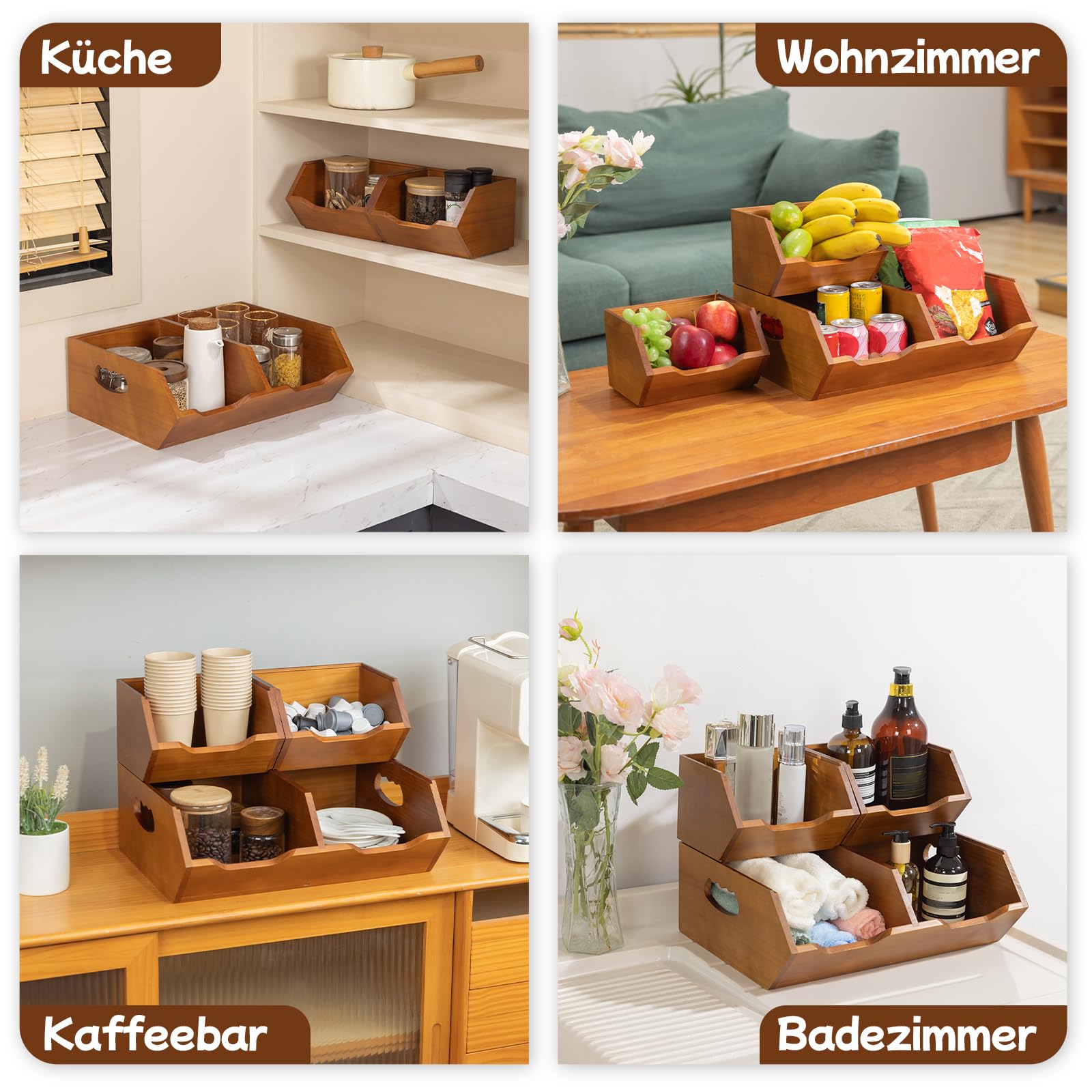 Aquzee Obstkiste Holz, Stapelbar Aufbewahrungsbox Holz, 2-Lagige Kartoffel Aufbewahrungsbox, 3er Set Platzsparender Zwiebeltop, Küchen Arbeitsplatte Organizer für Brot und Gemüse Aufbewahrung