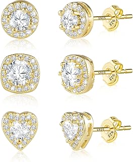 Sterling Silver Stud Earrings for Women Girls Cubic Zirconia Halo Round Heart Square Diamond Large Silver Stud Set