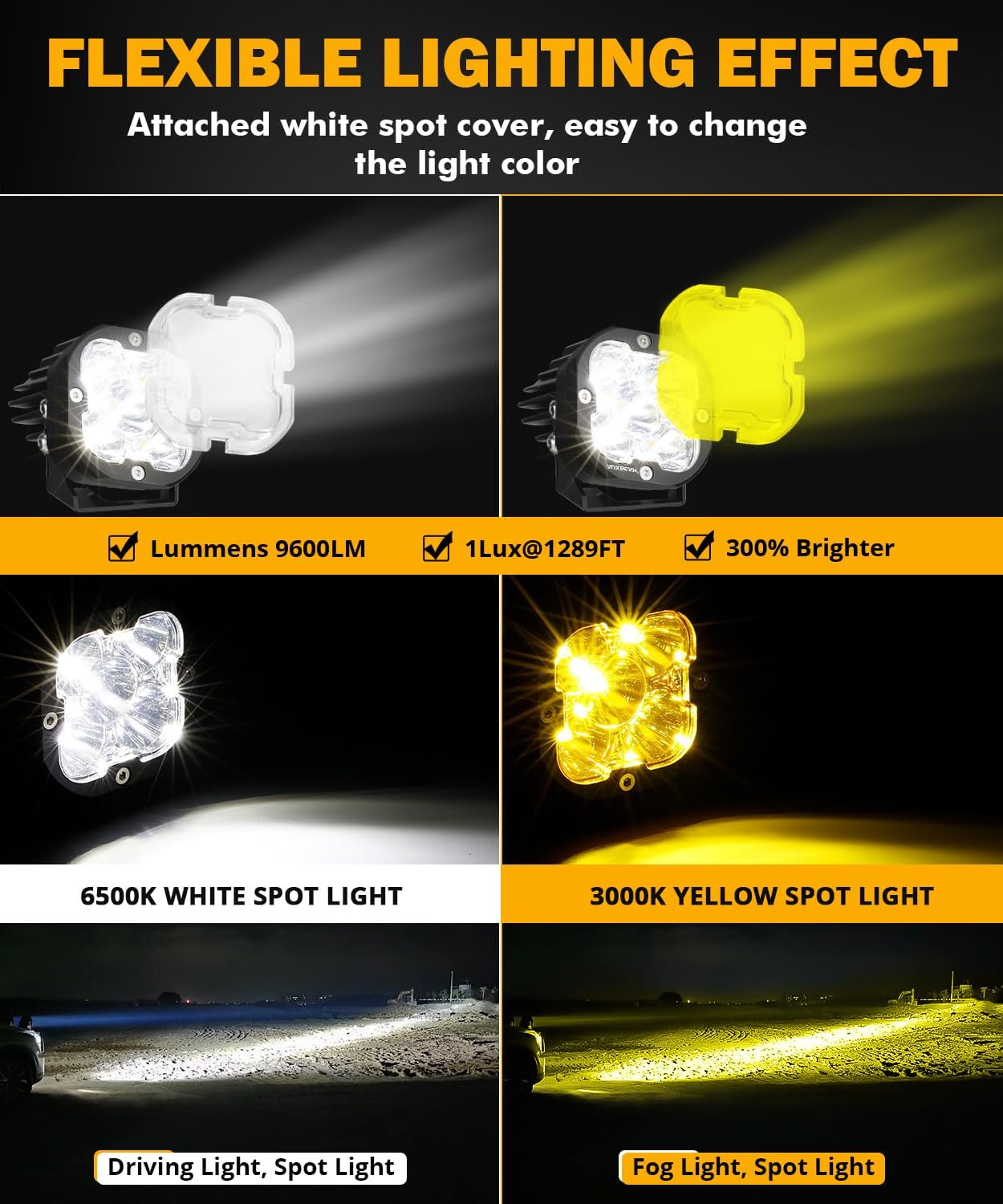 Auxbeam LED Pods 3 Inch 80W Amber Fog Light, 3x3 Cube Yellow/White/Black Offroad Spotlights with White Cover, 30° Focusing Off Road Driving Ditch Light for Trucks ATV UTV SUV
