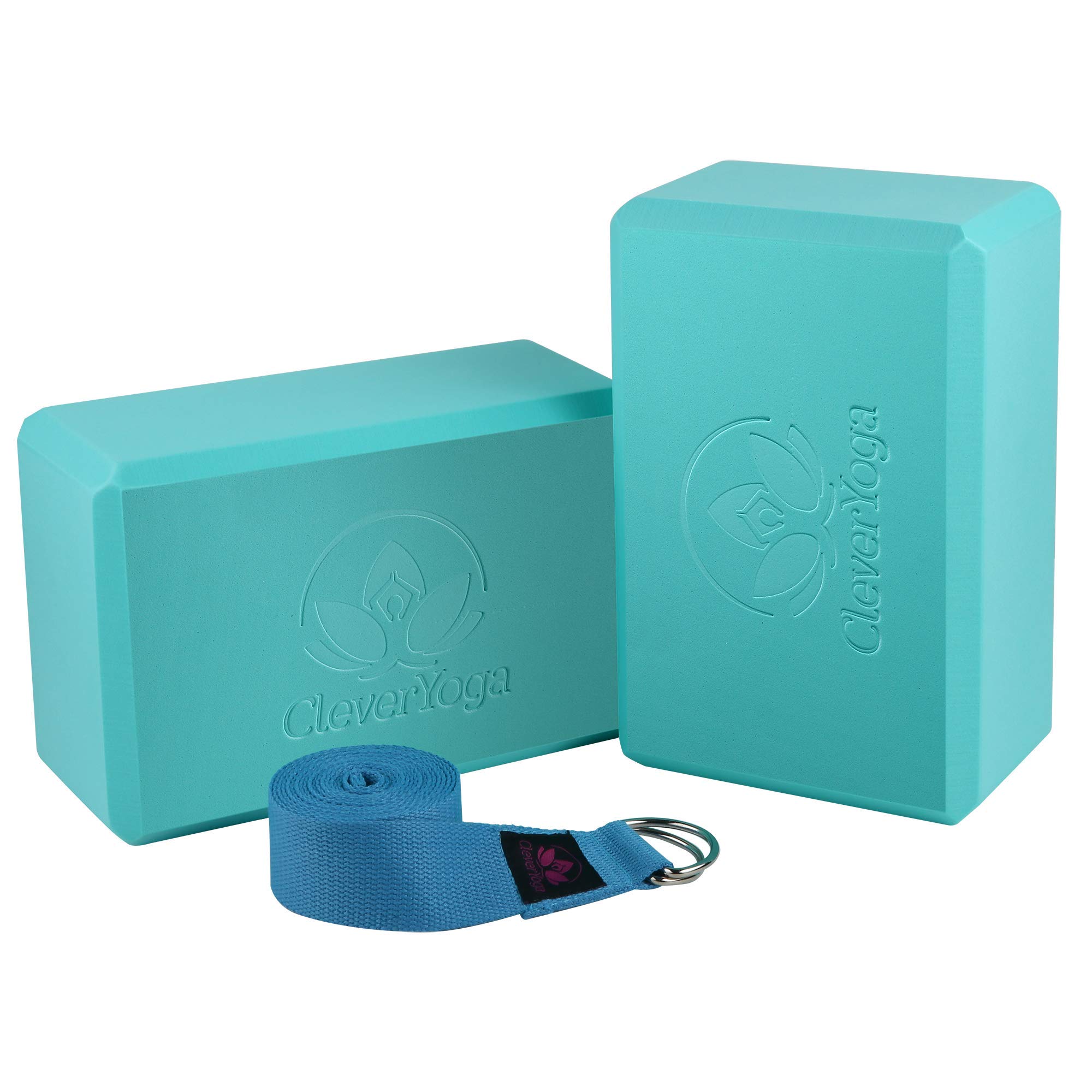 Clever Yoga Blocks 2 Pack with Strap - Extra Light Weight Sweat Repelling Foam Yoga Block Set with Cotton 8ft Yoga Stretch Strap - Yoga Block and Strap Set Kit for Beginner to Pro - Exercise