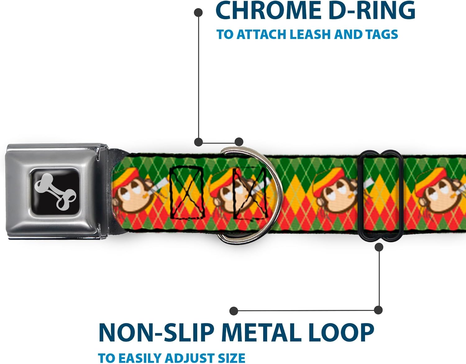 Buckle-Down Seatbelt Buckle Dog Collar - Smoking Monkey Repeat Argyle Rasta - 1" Wide - Fits 11-17" Neck - Medium